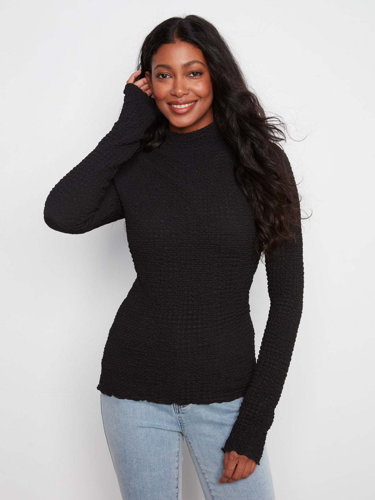 Bubble Knit Mock Neck Top - Black
