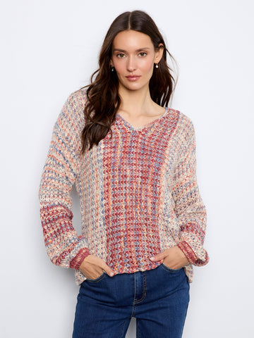 Novelty Knit V-Neck Sweater - Rosebud