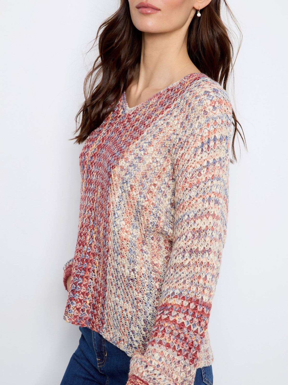 Novelty Knit V-Neck Sweater - Rosebud