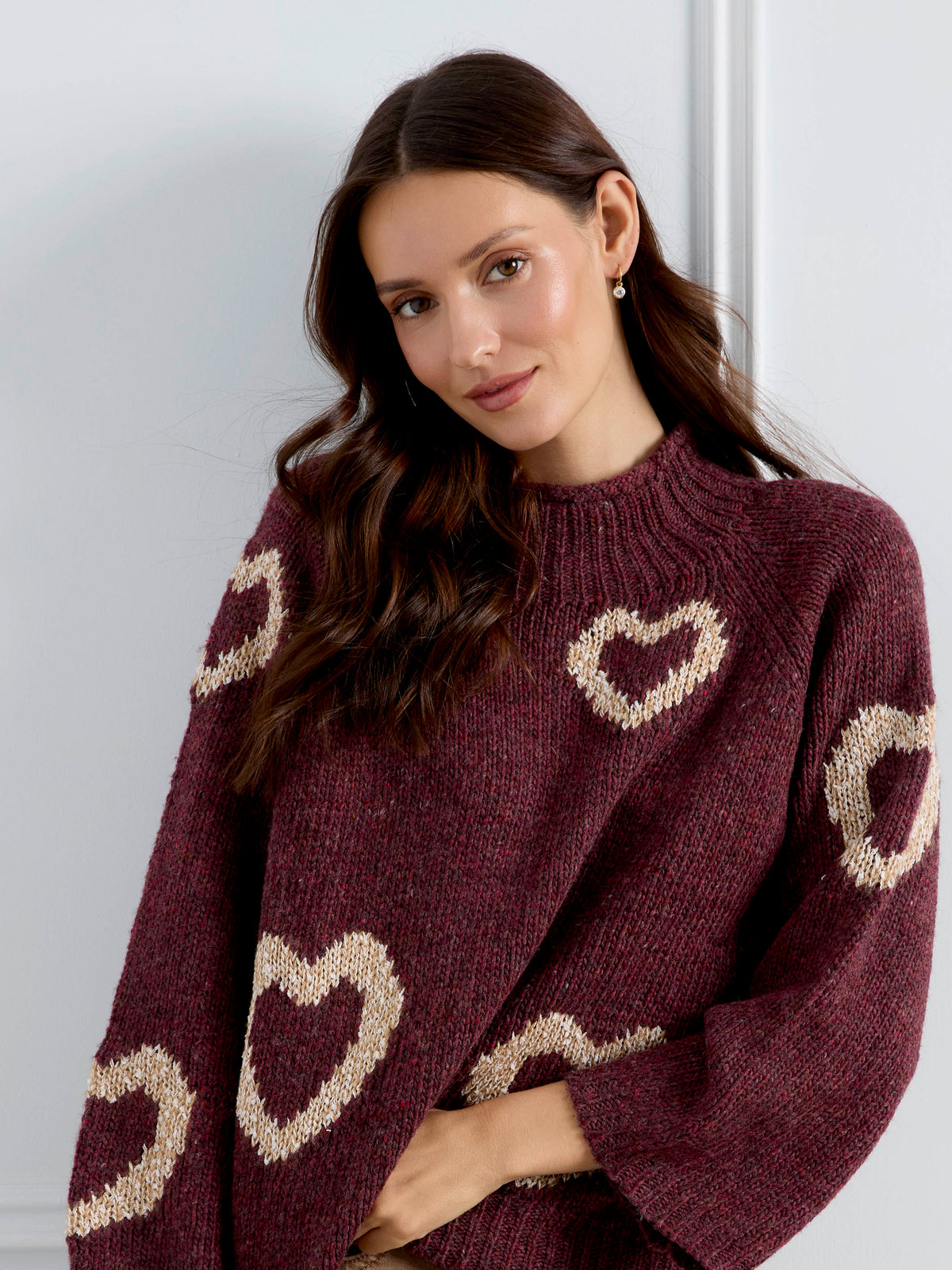 Heart Mock Neck Knit Sweater - Merlot