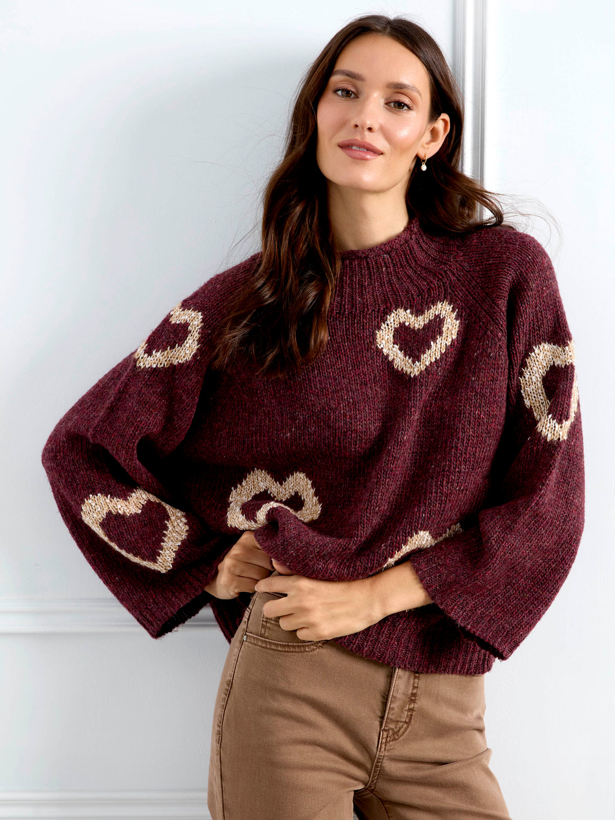 Heart Mock Neck Knit Sweater - Merlot