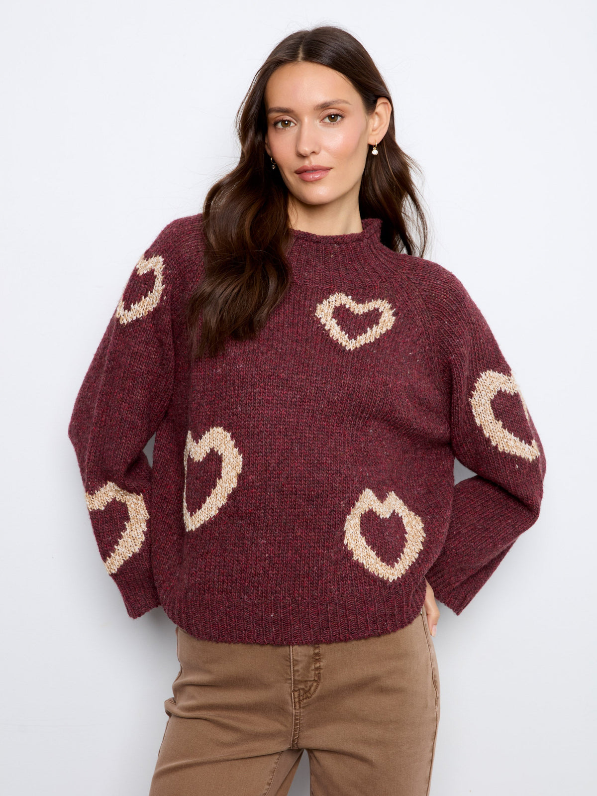 Heart Mock Neck Knit Sweater - Merlot