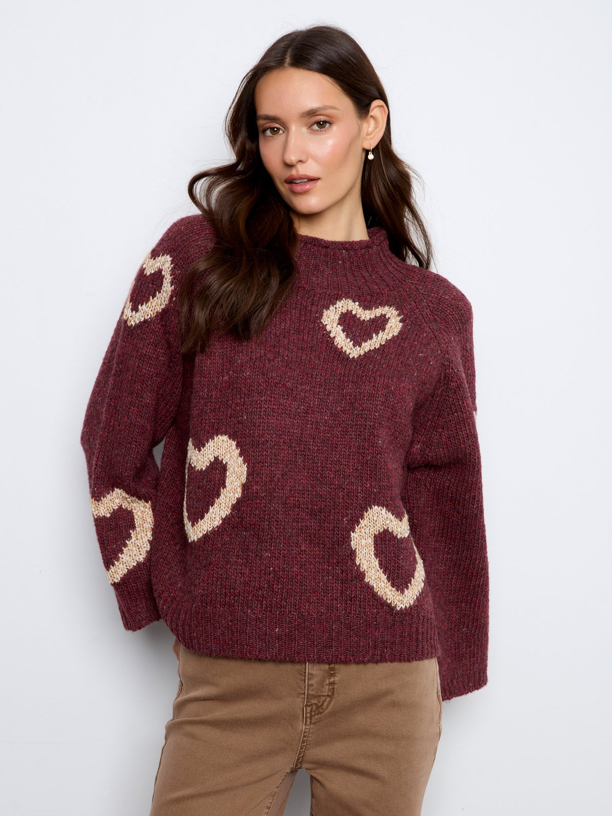 Heart Mock Neck Knit Sweater - Merlot