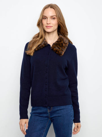 Faux Fur Collar Cardigan - Navy