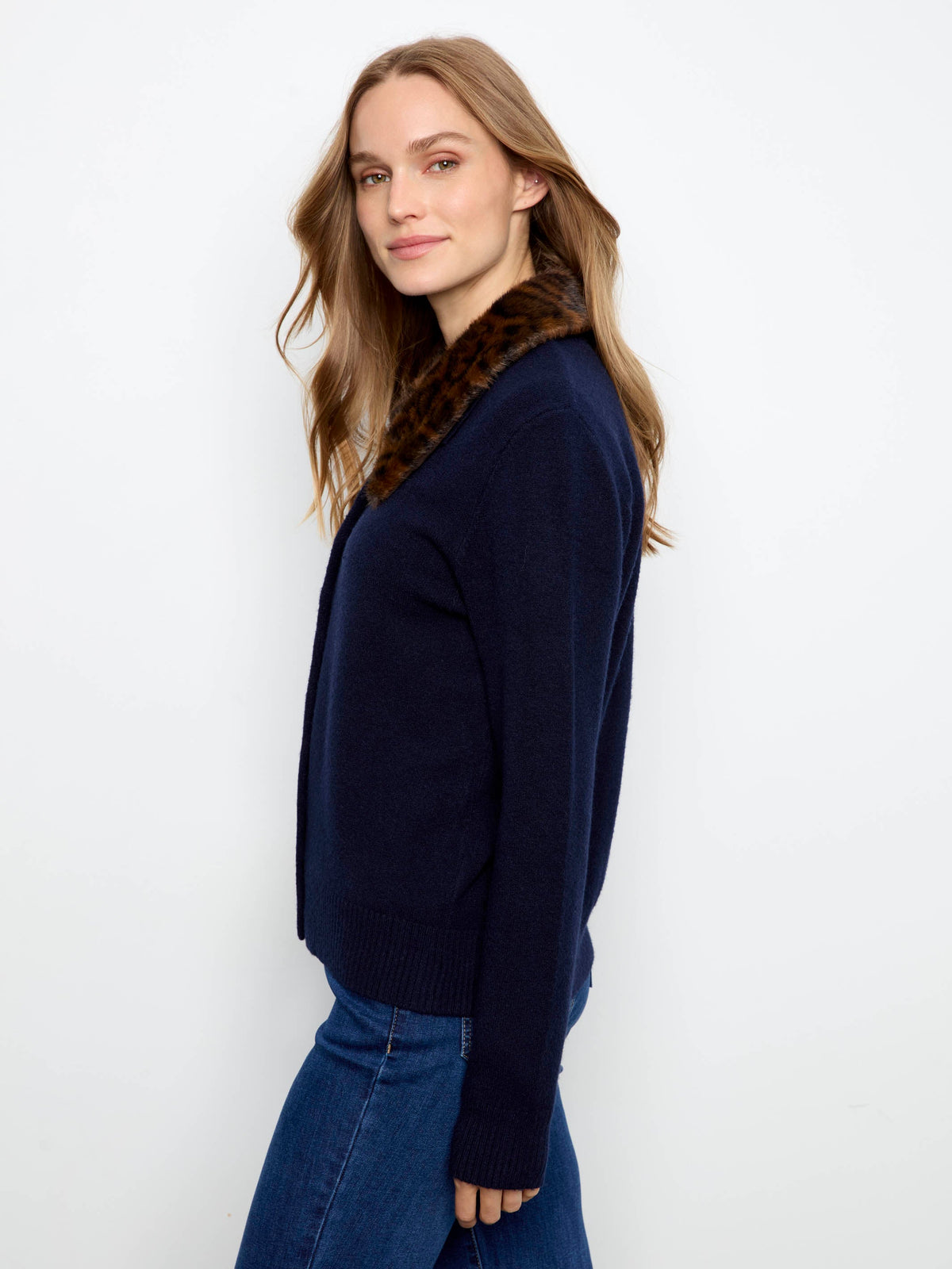 Faux Fur Collar Cardigan - Navy