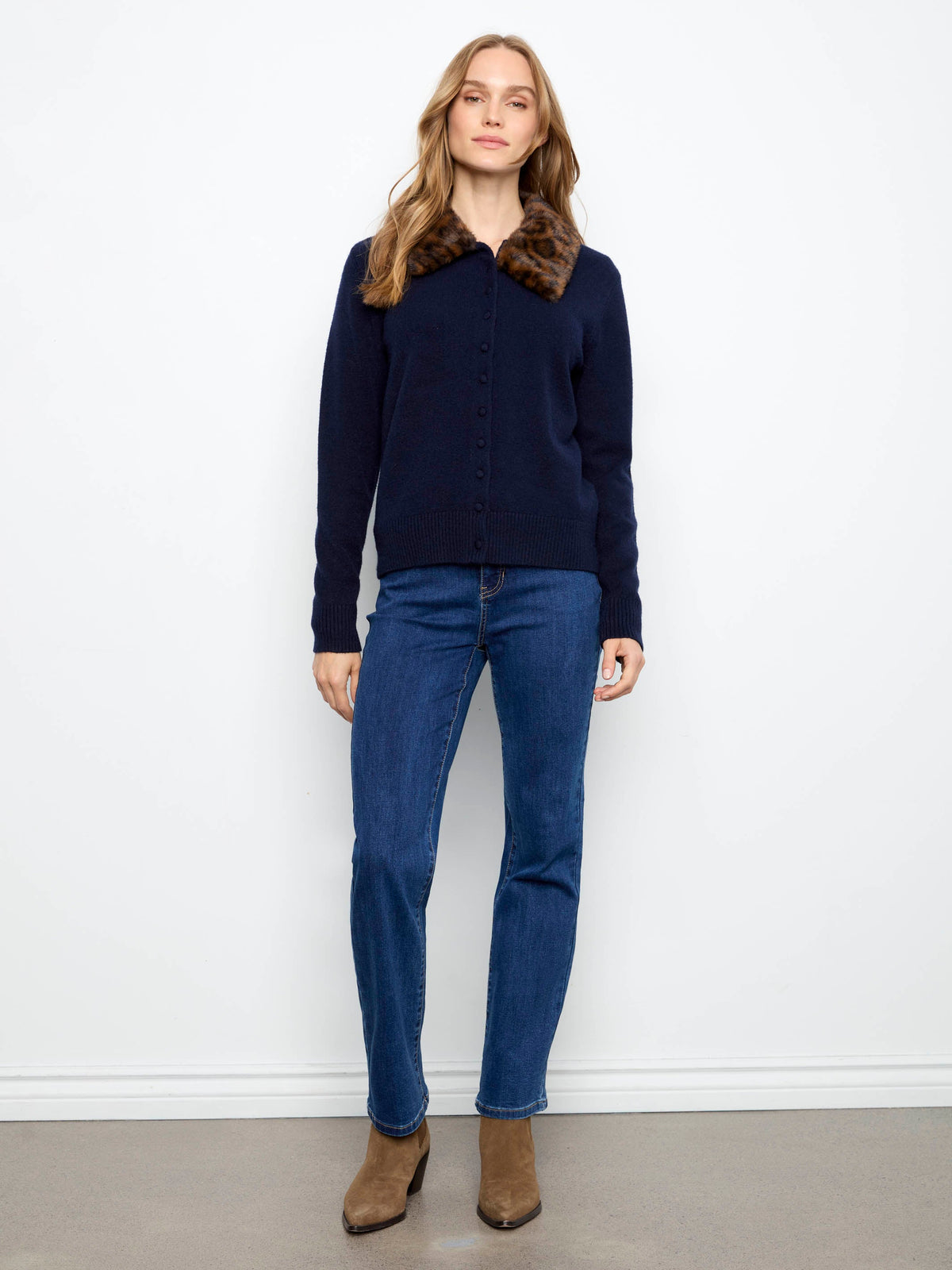 Faux Fur Collar Cardigan - Navy