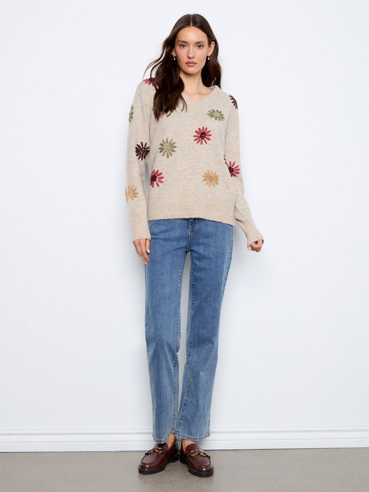 Floral Embroidered V-Neck Sweater - Heather Natural