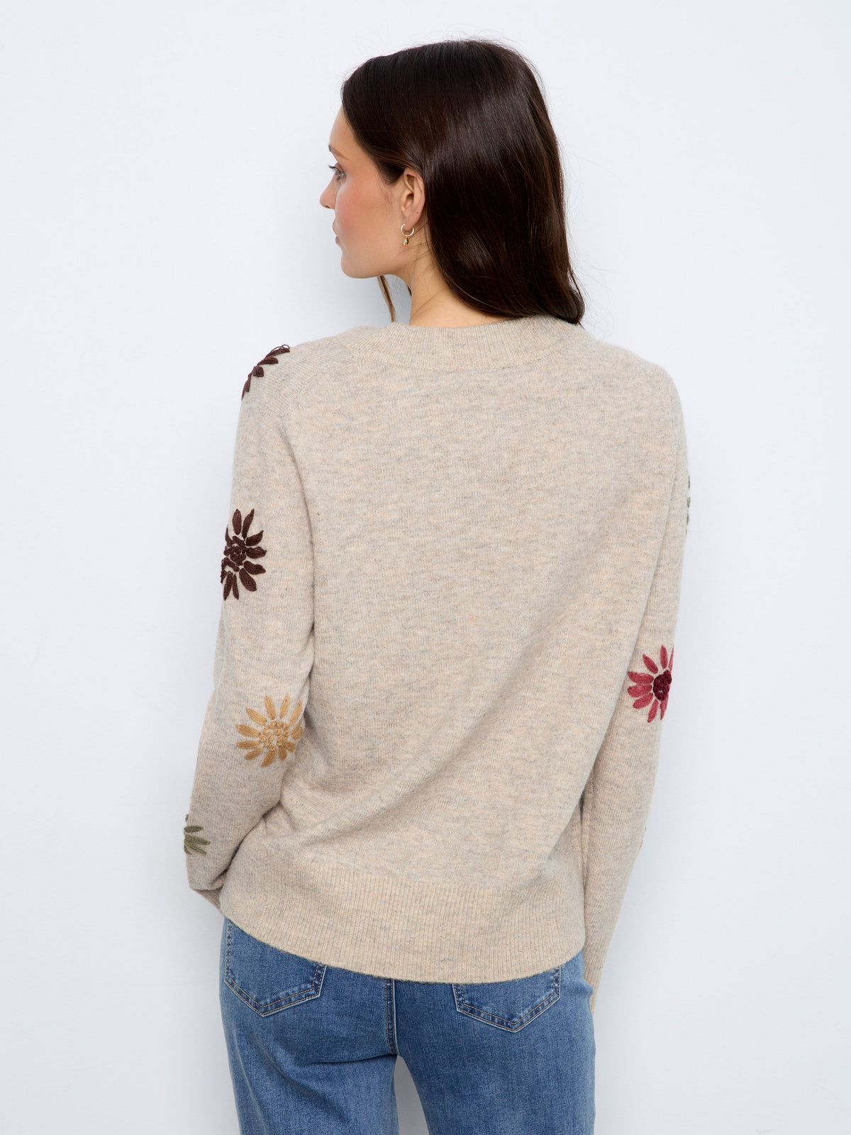 Floral Embroidered V-Neck Sweater - Heather Natural