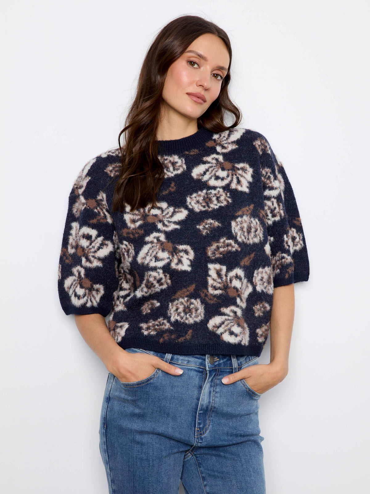 Balloon Elbow Sleeve Jacquard Knit Sweater - Victorian