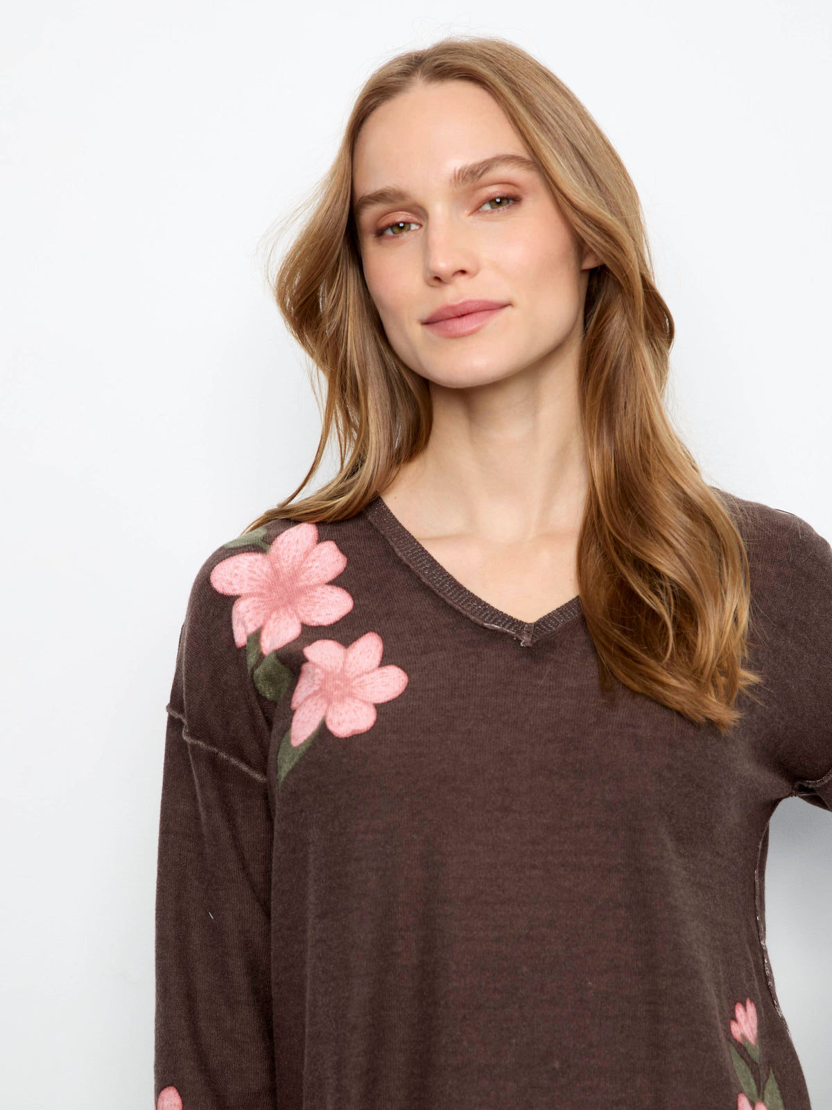 Reversible Floral V-Neck Sweater - Coffee