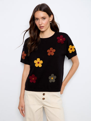 Cotton Floral Embroidered Short Sleeve Sweater - Black