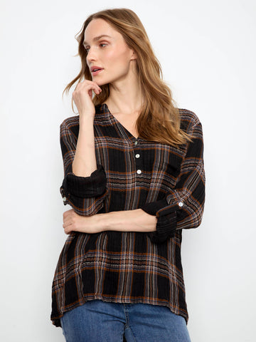 Plaid Double Gauze Blouse - Black