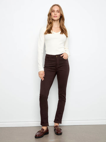 Cuffed Hem Twill Jeans - Coffee