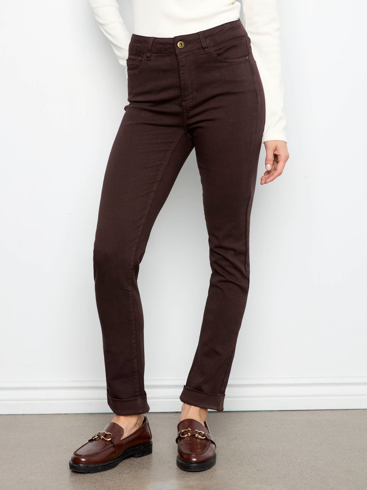 Cuffed Hem Twill Jeans - Coffee