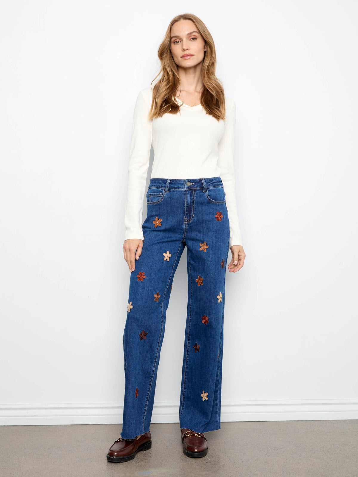 Wide Leg Jeans With Suede Flower Patches - Indigo
