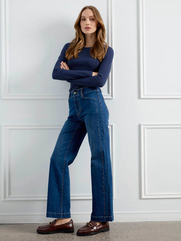 Straight Leg Jeans With Front Panel Detail - Washed Indigo