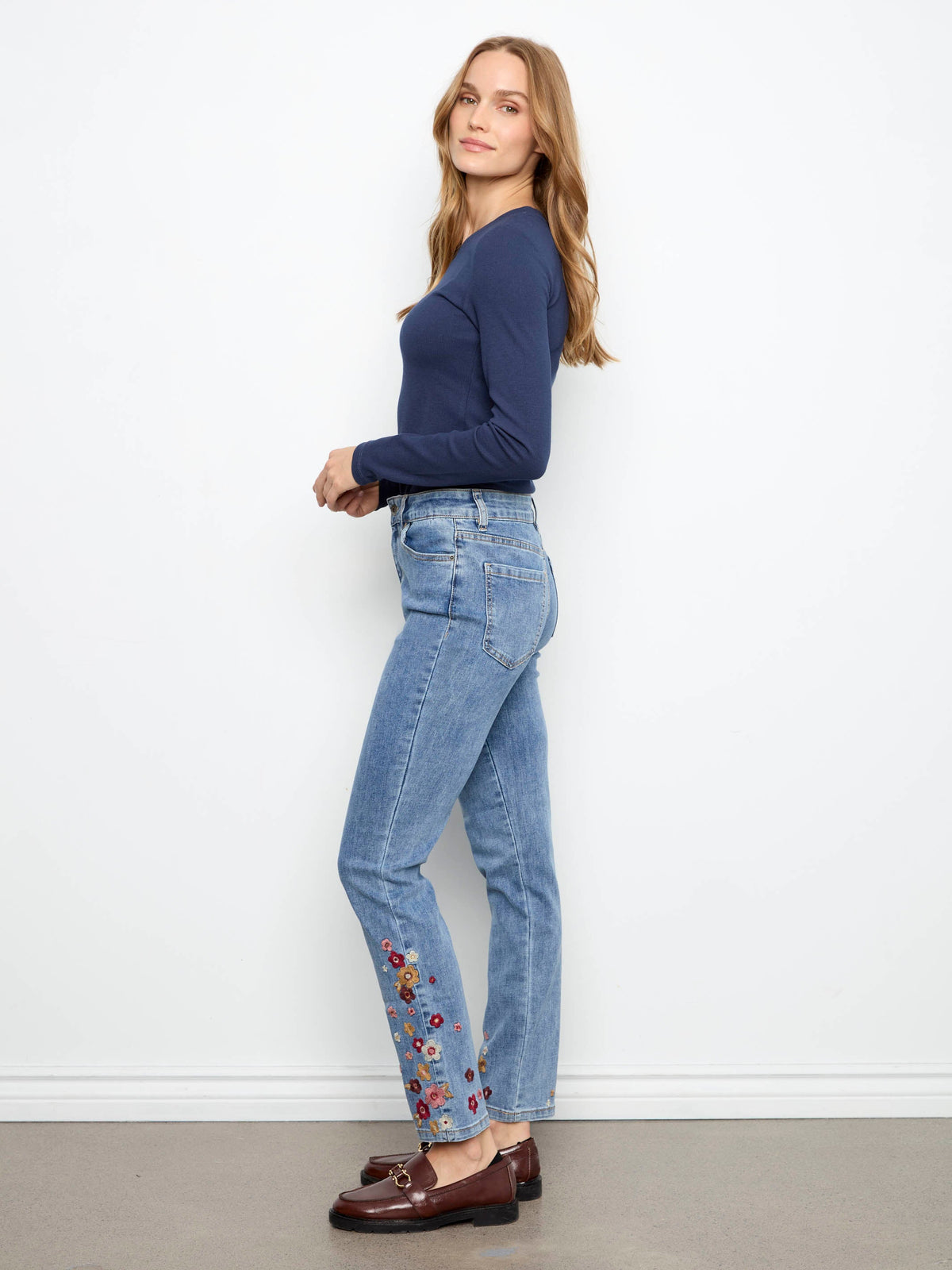 Slim Leg Jeans With Floral Hem Embroidery - Medium Blue