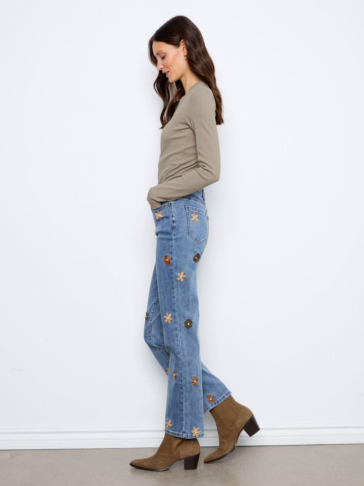 Straight Leg Jeans With Floral Embroidery - Medium Blue