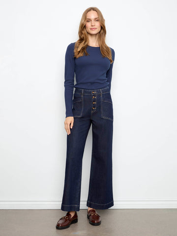 Wide Leg Button Front Jeans With Patch Pockets - Midnight