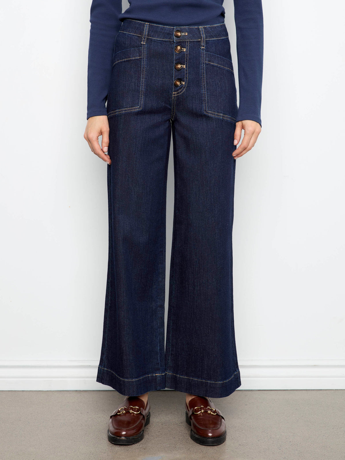 Wide Leg Button Front Jeans With Patch Pockets - Midnight