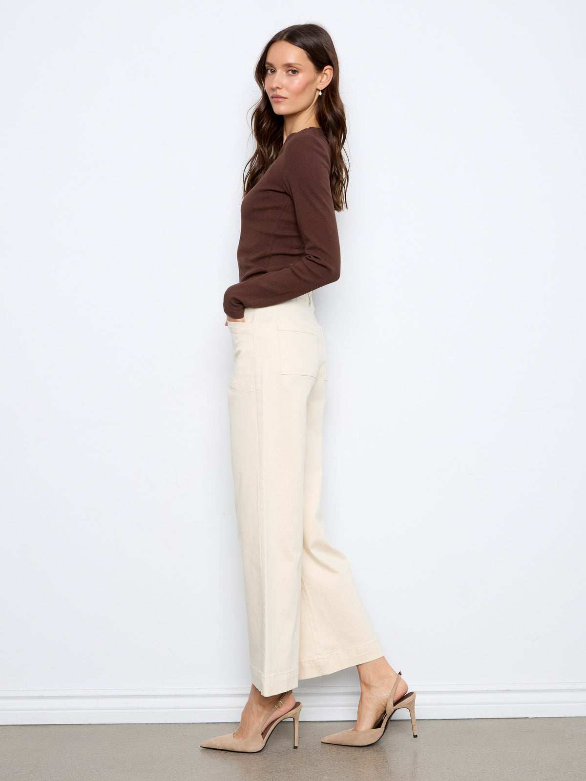 Wide Leg Button Front Flex Twill Pants With Patch Pockets - Natural