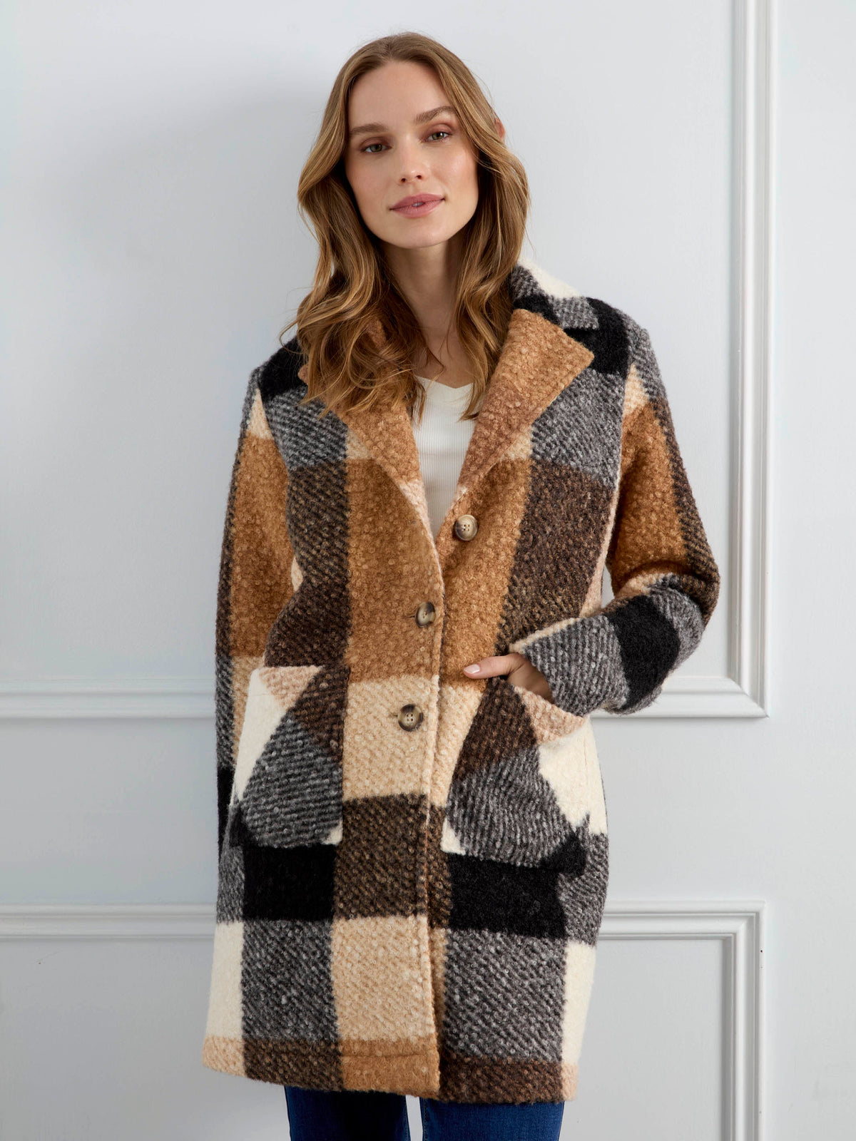 Plaid Bouclé Knit Coat - Taupe