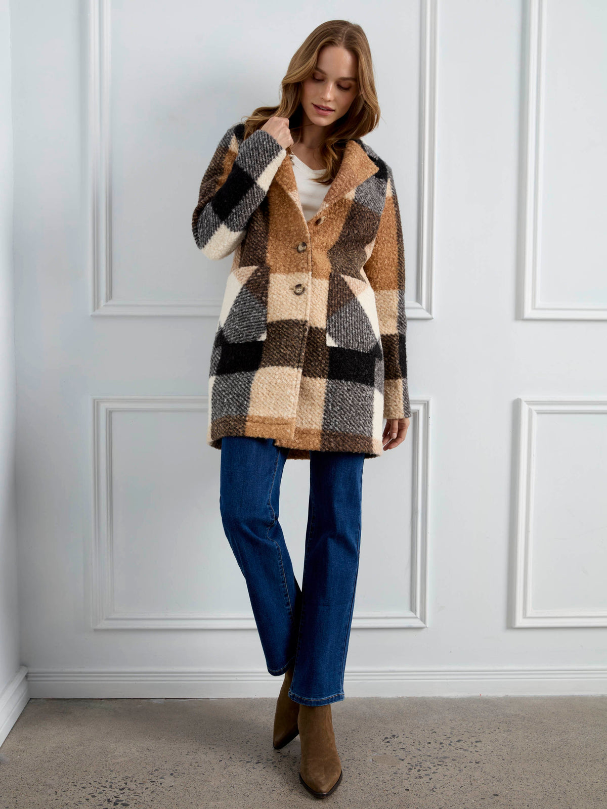 Plaid Bouclé Knit Coat - Taupe