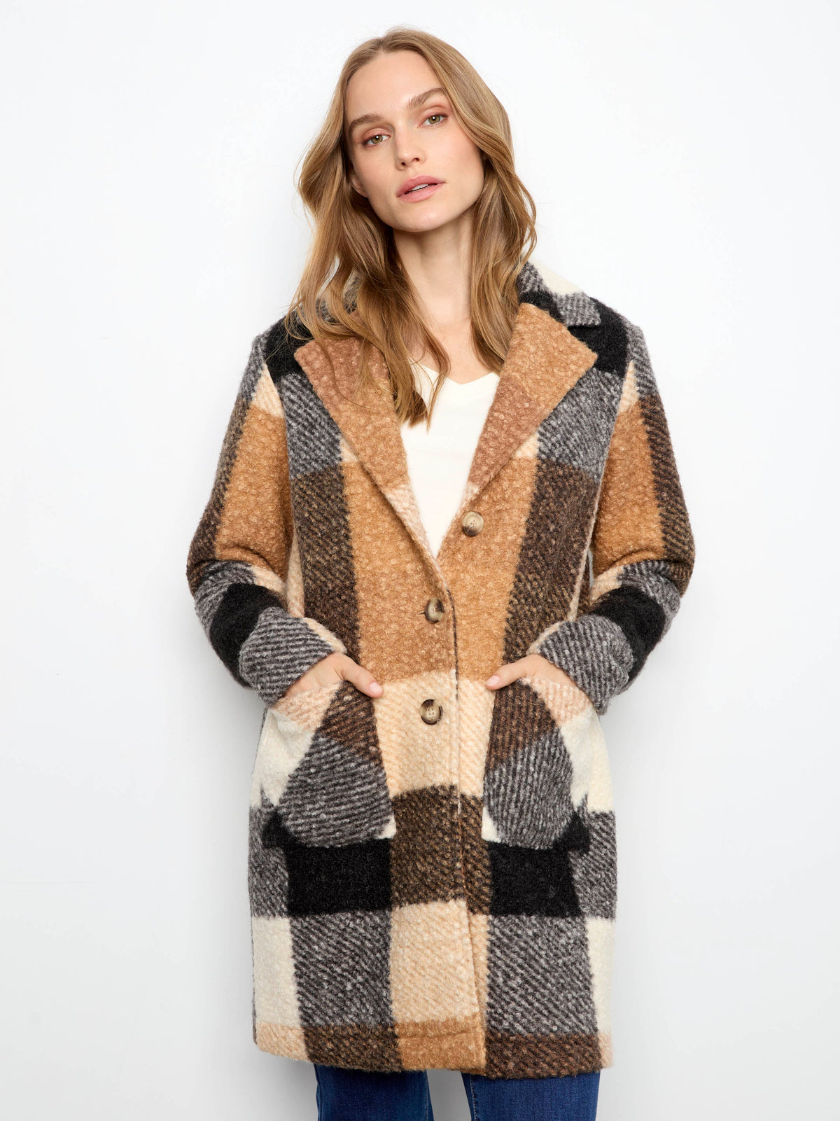 Plaid Bouclé Knit Coat - Taupe