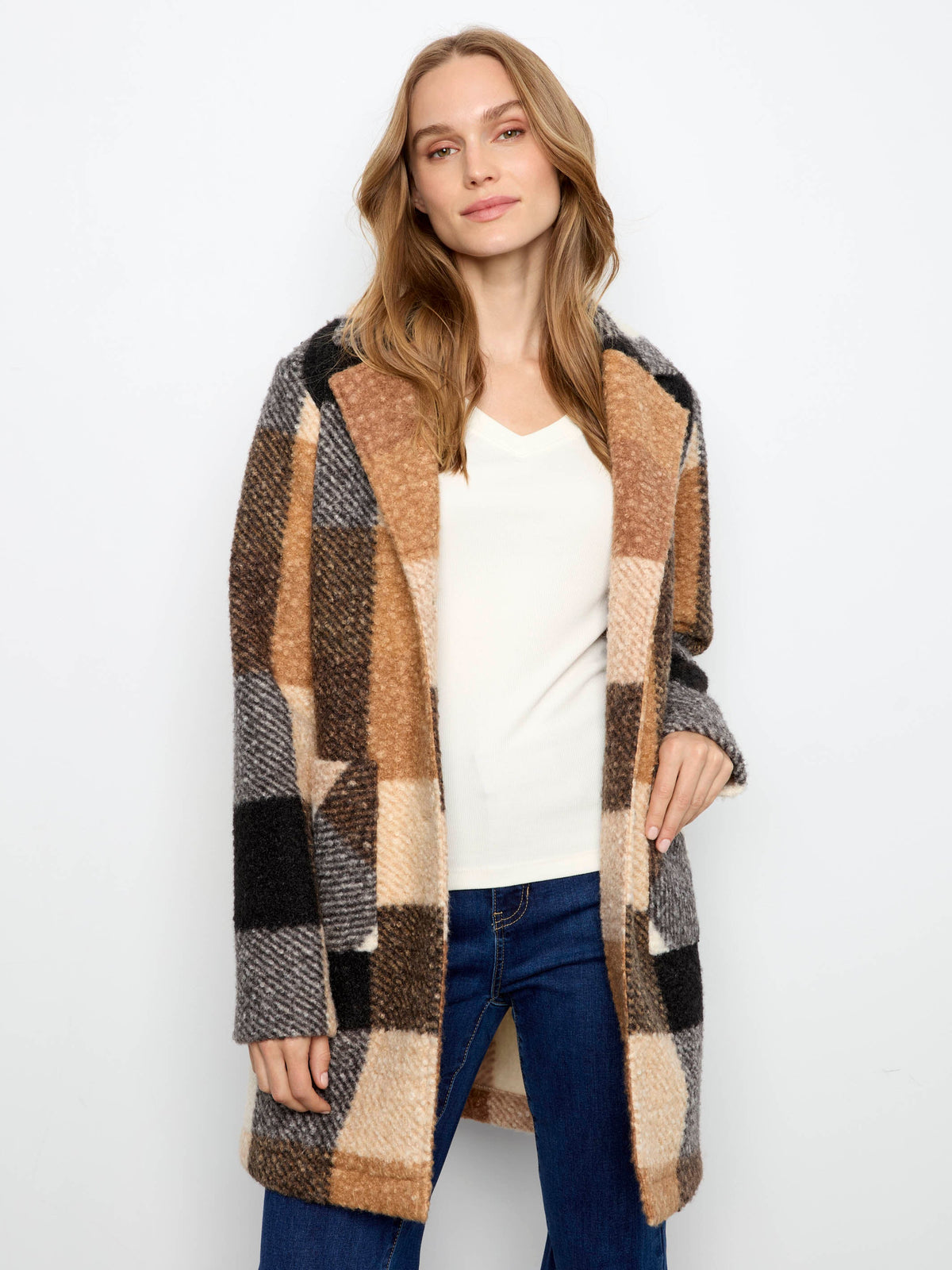 Plaid Bouclé Knit Coat - Taupe