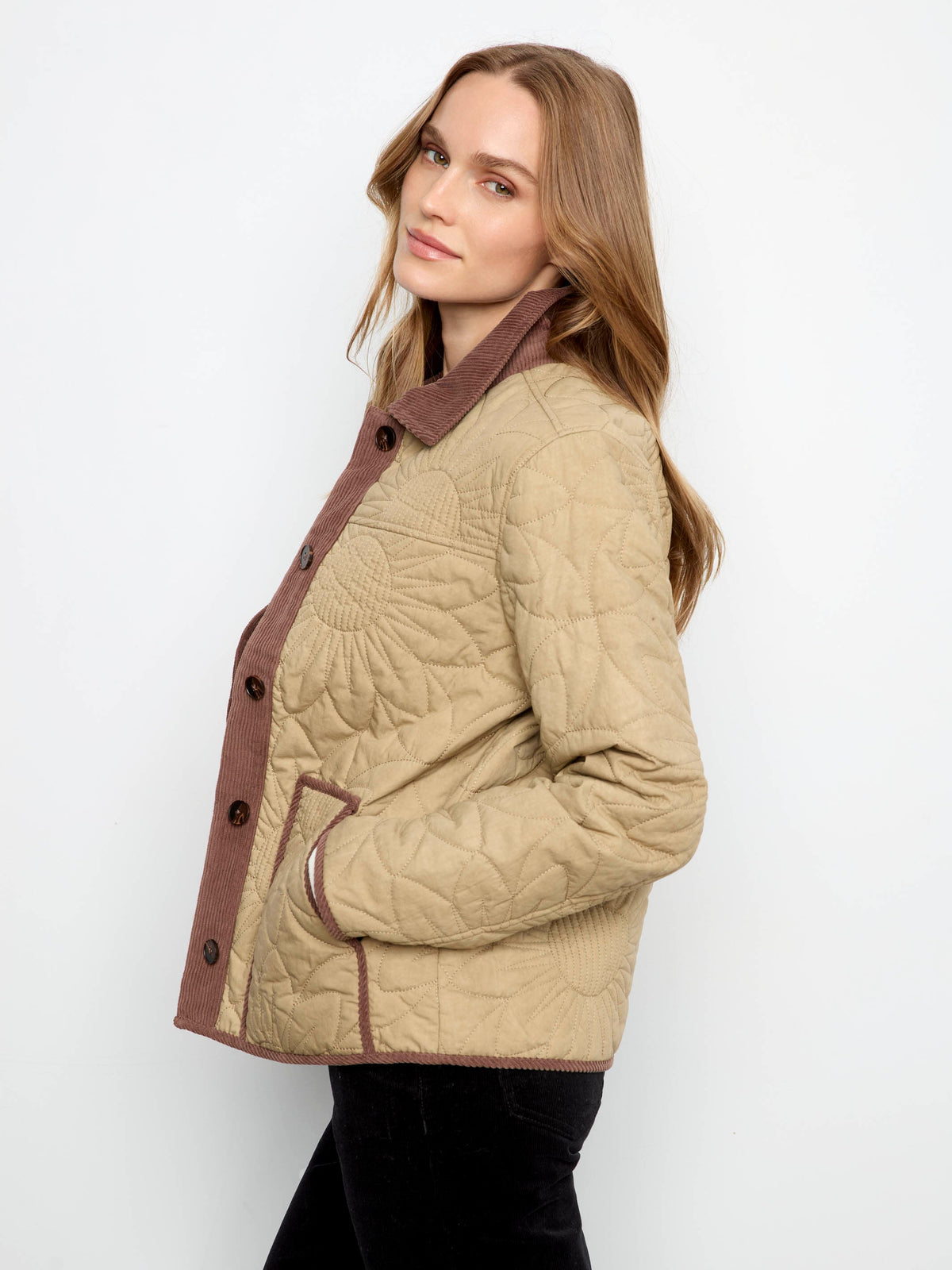 Quilted Jacket With Corduroy Trim - Latte