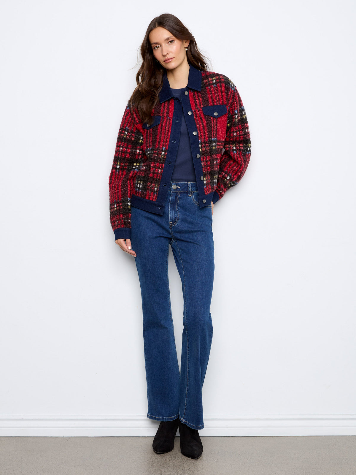 Plaid Bouclé Jacket With Denim Trim - Cranberry
