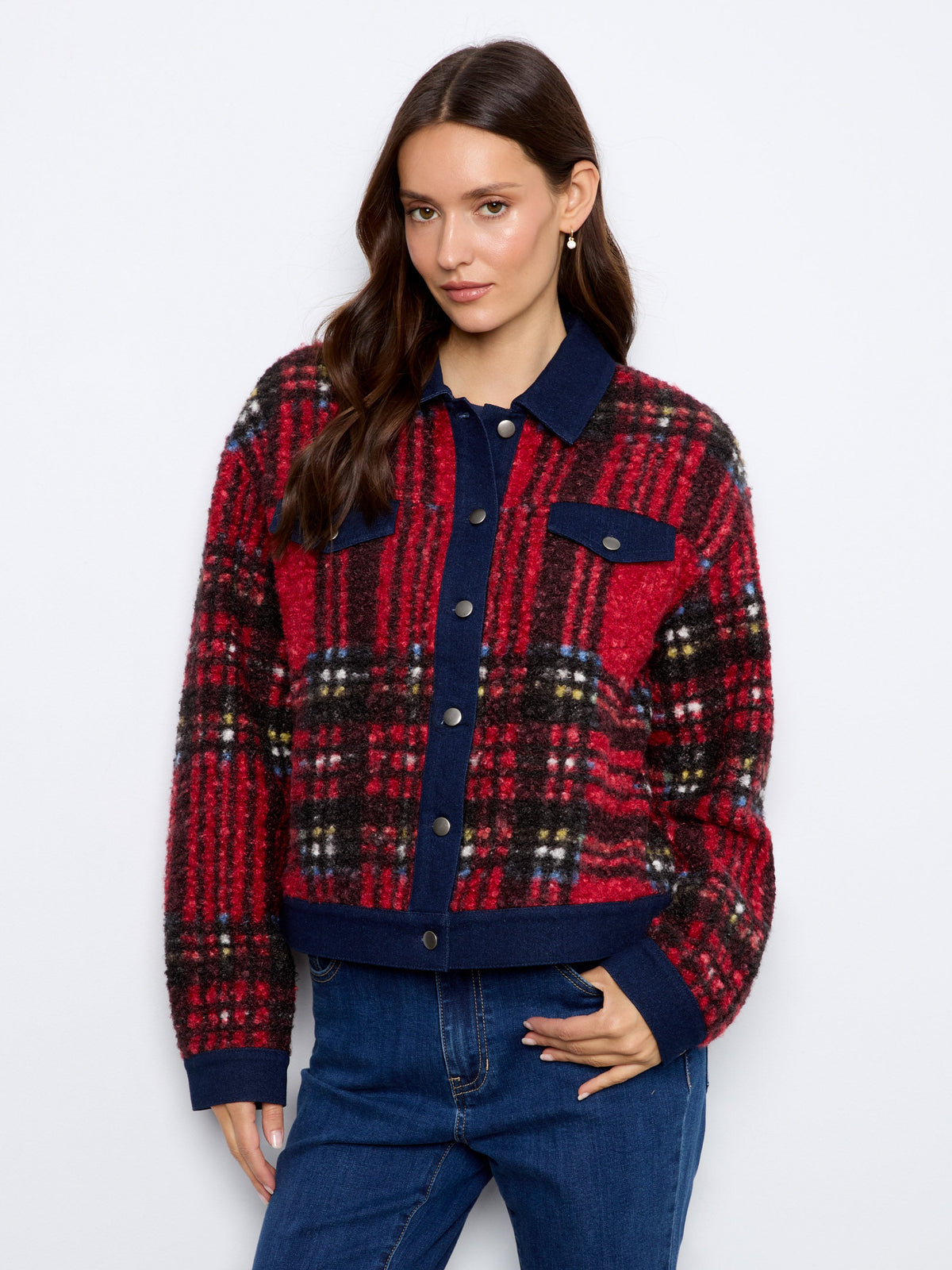 Plaid Bouclé Jacket With Denim Trim - Cranberry