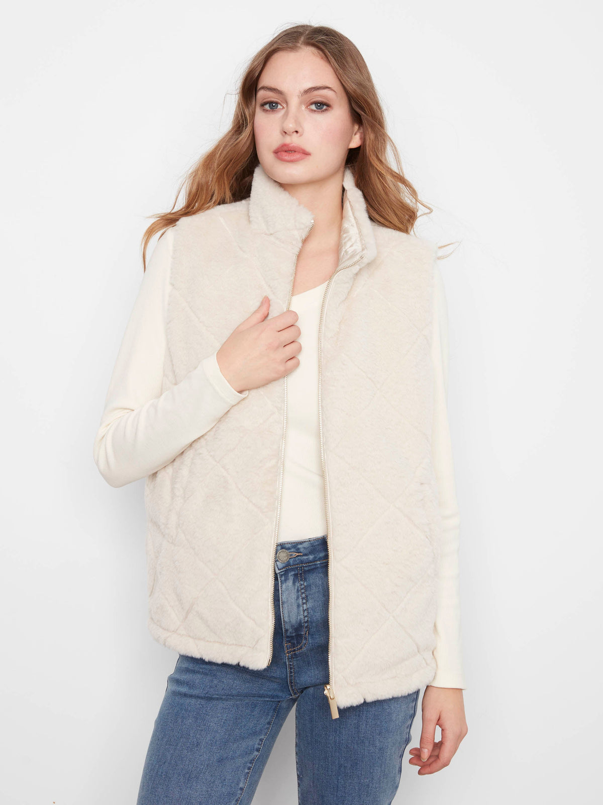Reversible Faux Fur Quilted Vest - Pearl