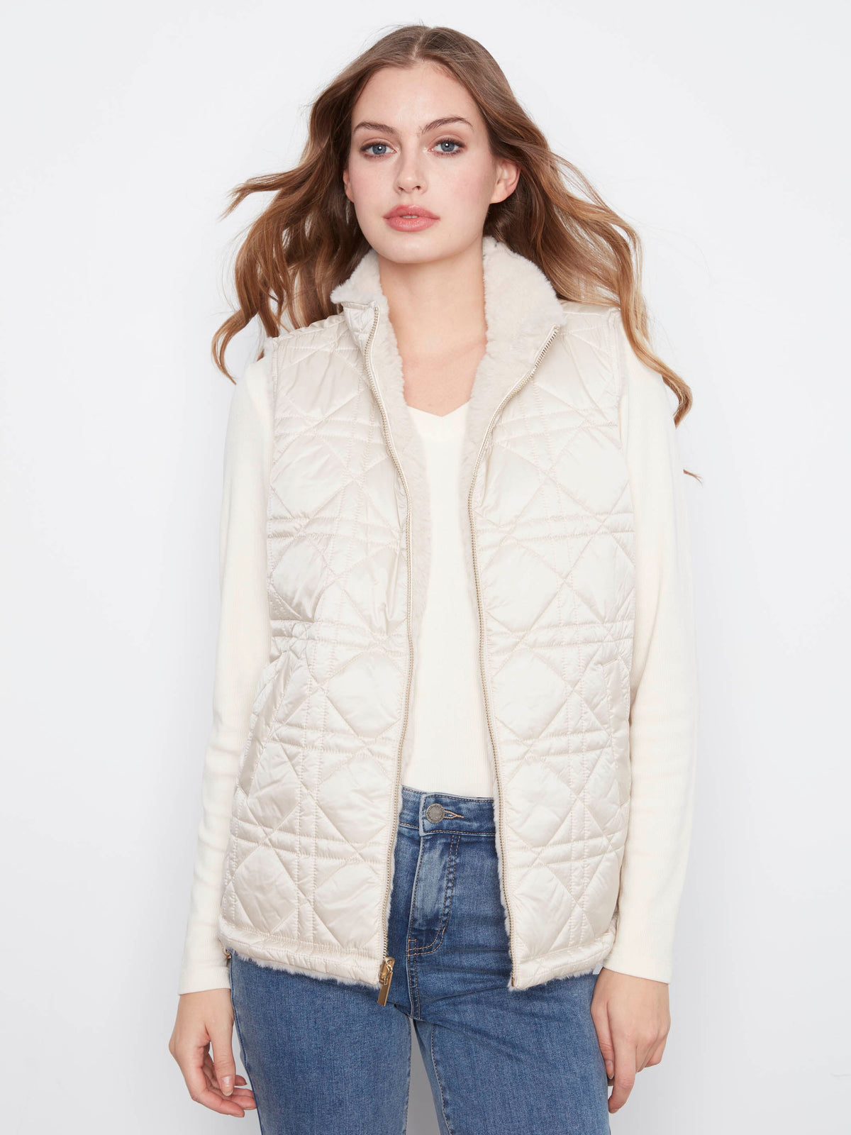 Reversible Faux Fur Quilted Vest - Pearl