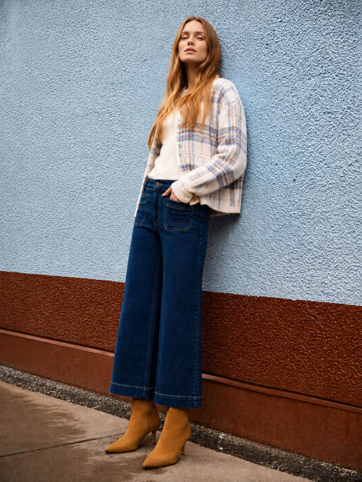 Cropped Patch Pocket Wide Leg Jeans - Indigo