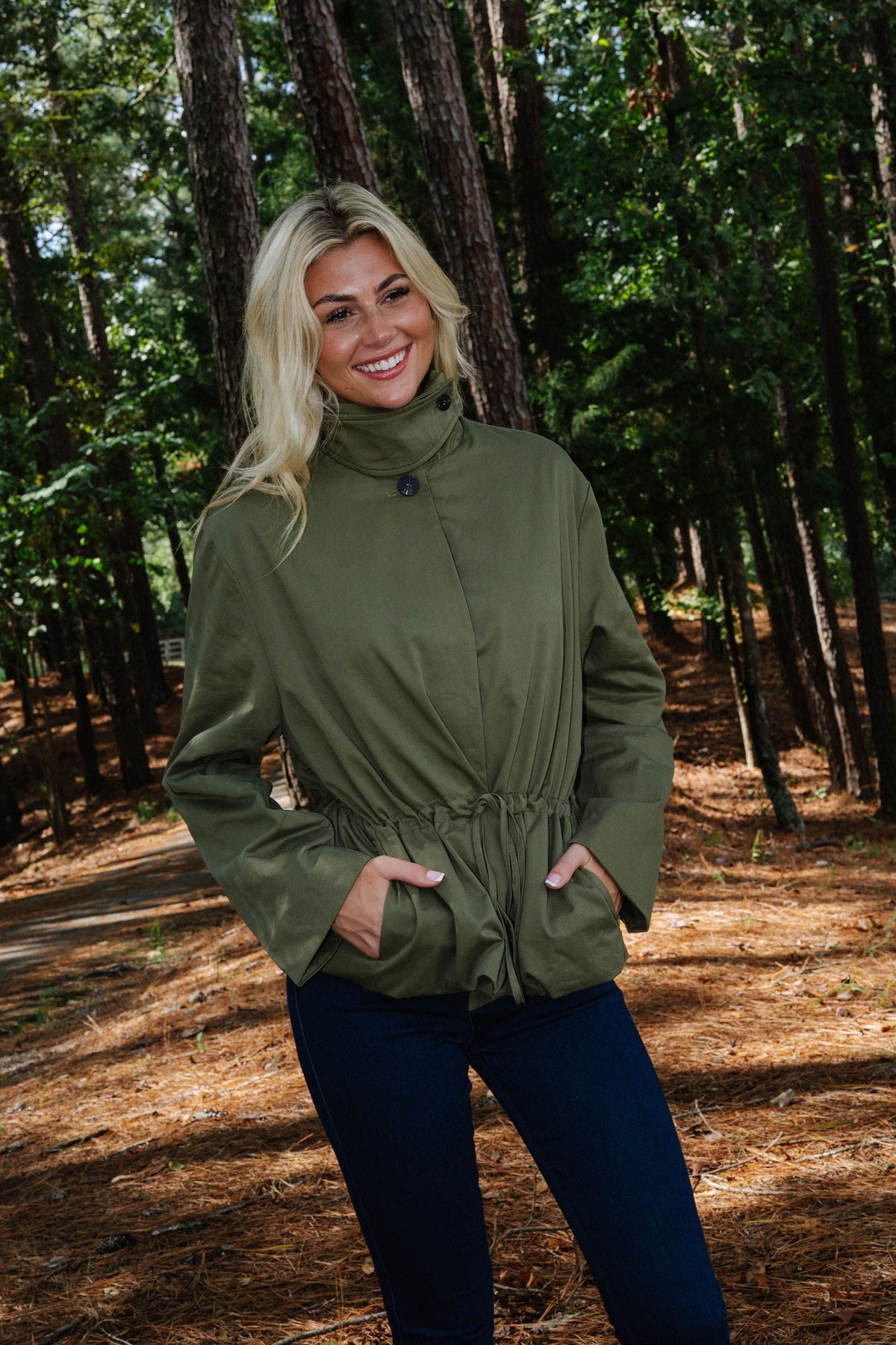 Olivia Drawstring Waist Utility Jacket-Olive