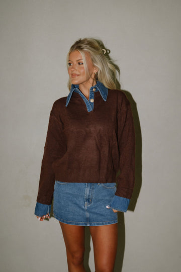 Denim Knit Top-Brown