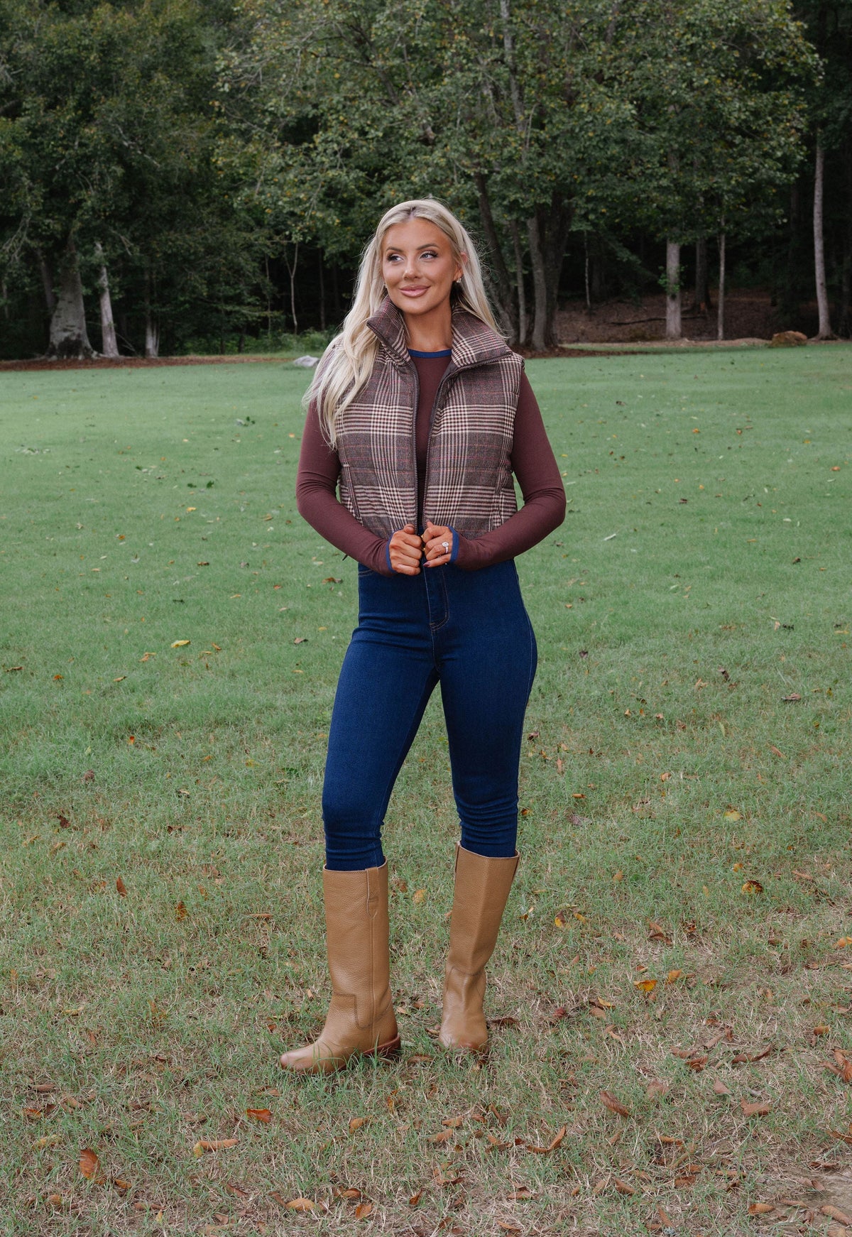 Ruby Plaid Puffer Vest-Brown