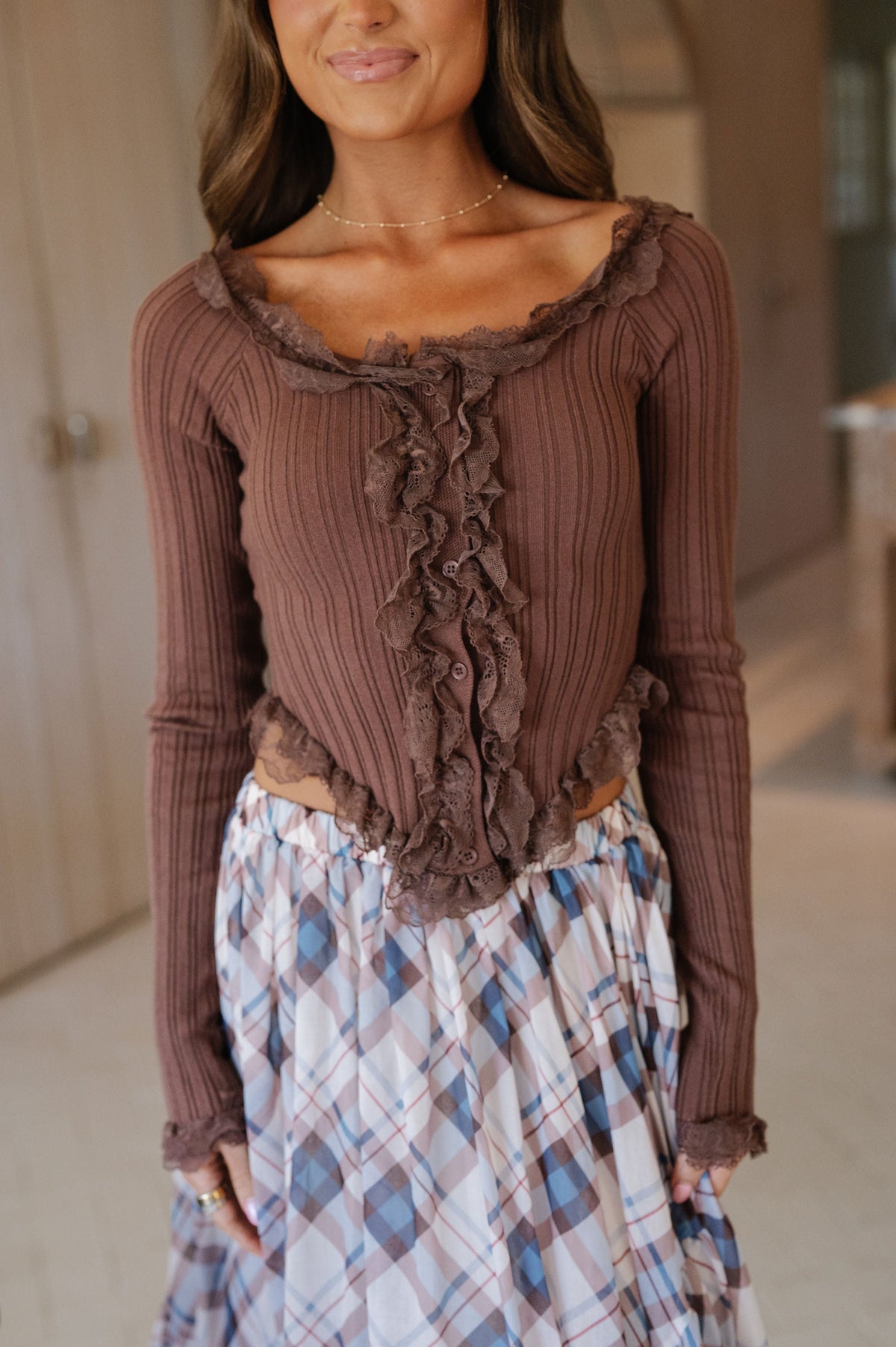 Lace Ruffled Sweater Top-Mocha