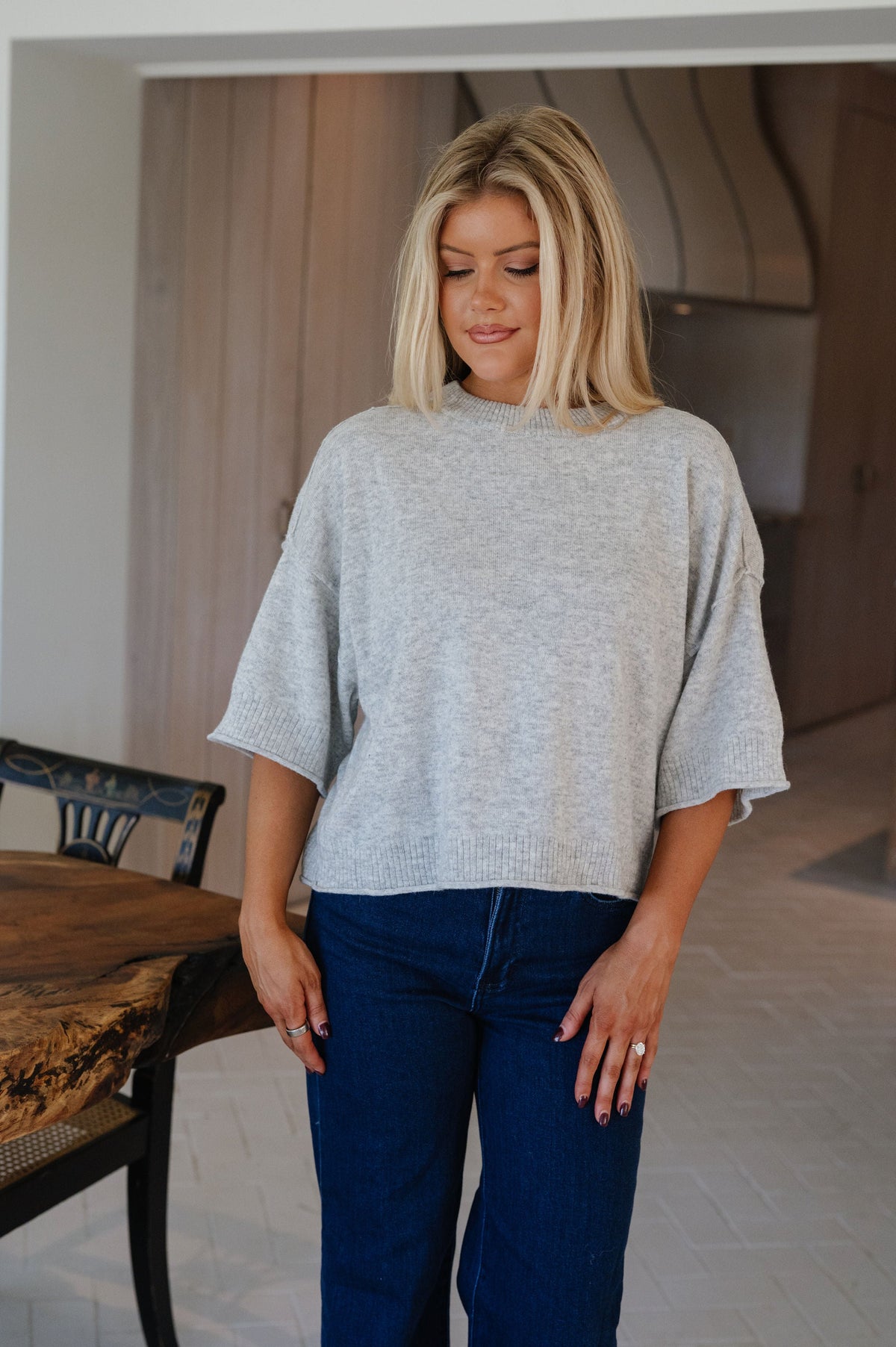 Leah Short Sleeve Knit Top-Heather Grey