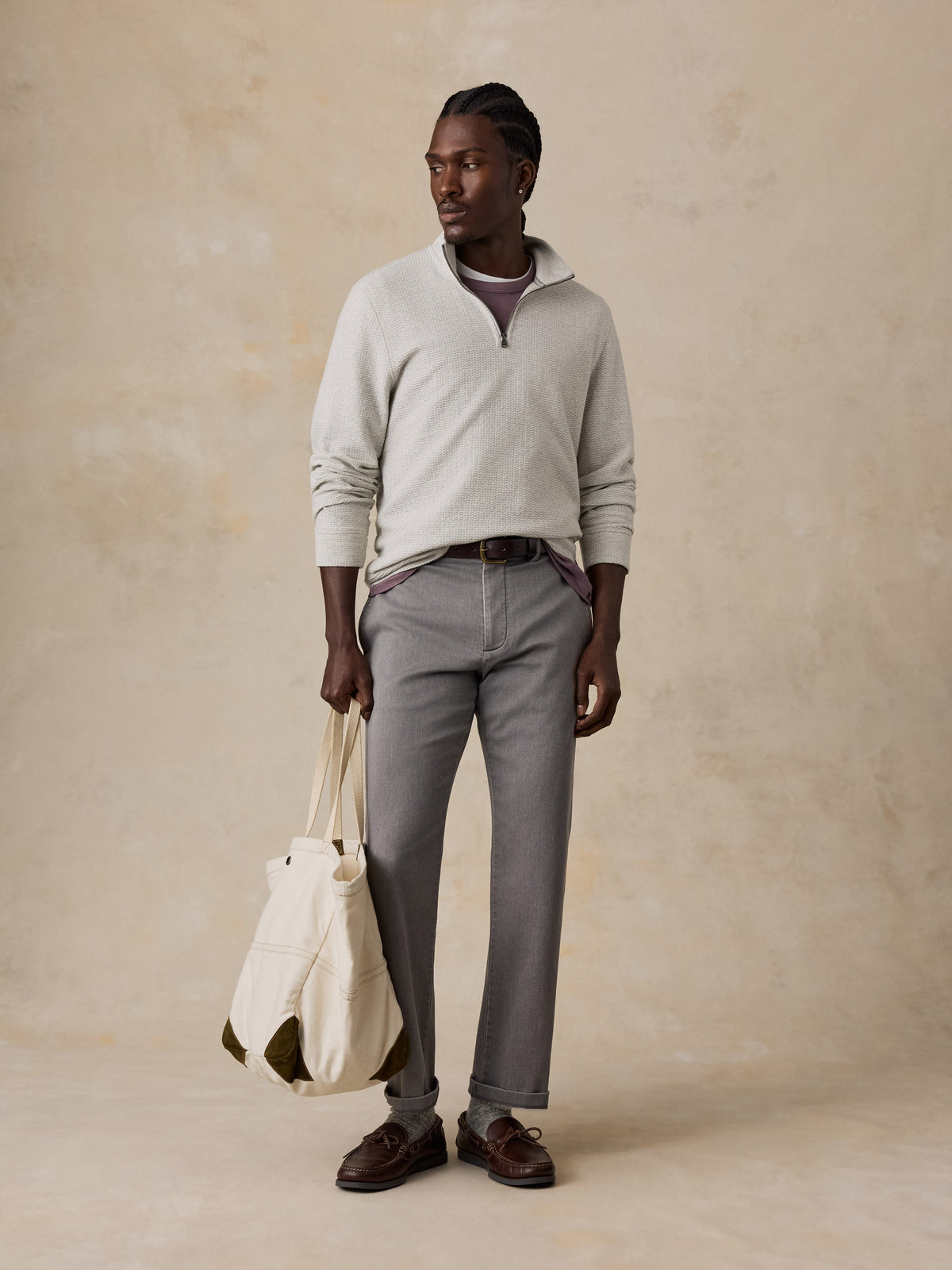 Textured Knit Quarter Zip - Snow Grey Heather