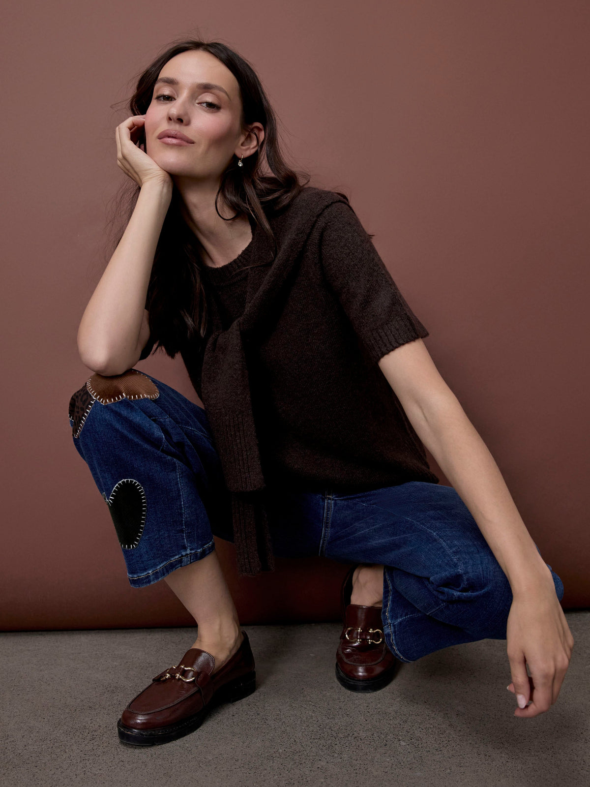 Short Sleeve Sweater With Sleeve Detail - Coffee