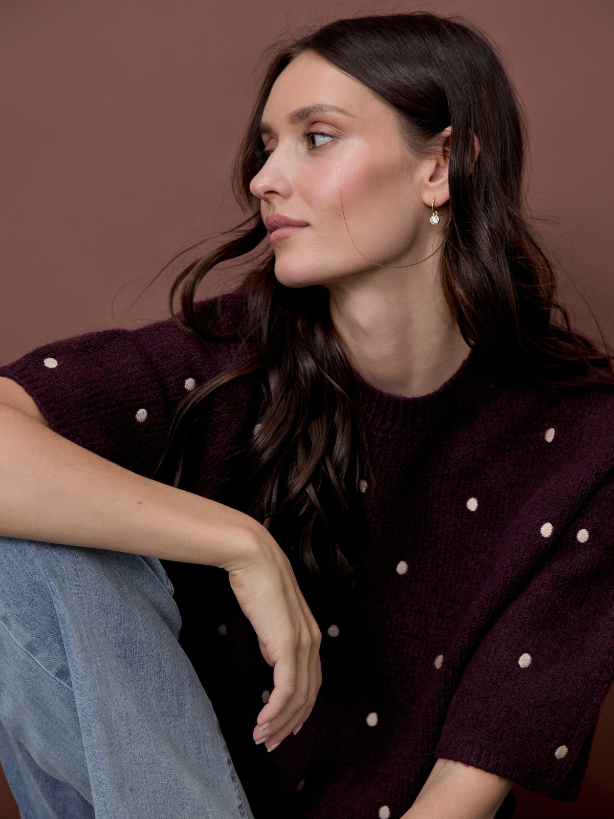 Embroidered Polka Dot Elbow Sleeve Knit Sweater - Heather Wine