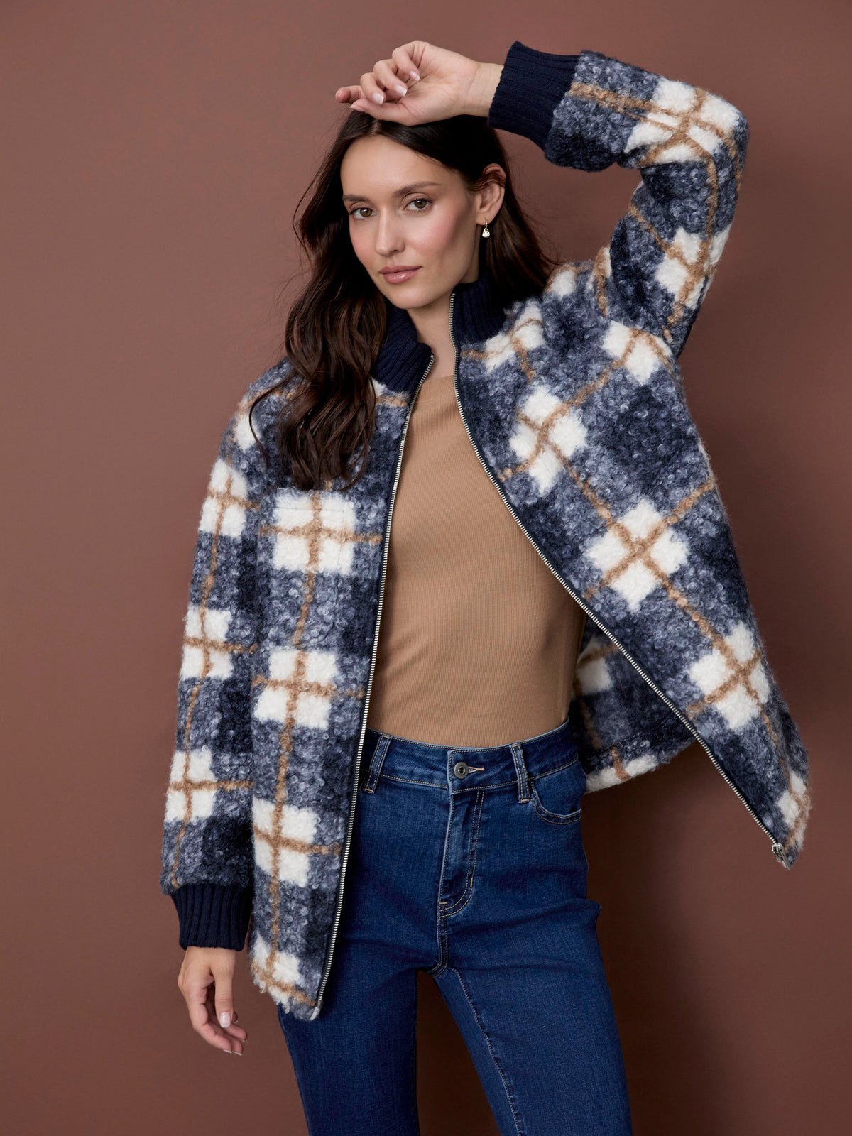 Plaid Bouclé Zip-Up Jacket - Midnight