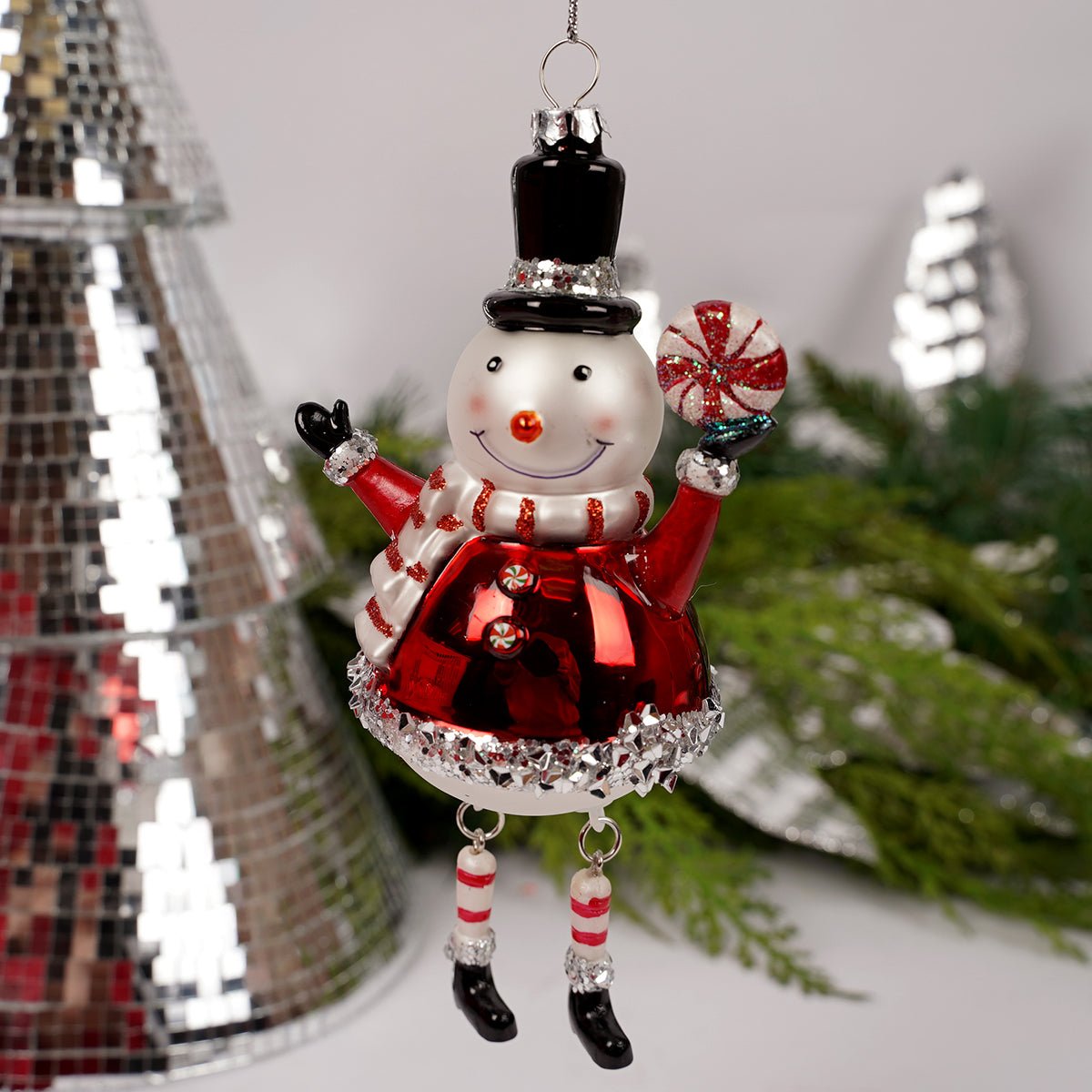 Red Silver Snowman With Candy Ornament