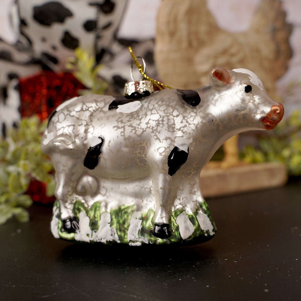 Glass Holstein Cow Christmas Ornament