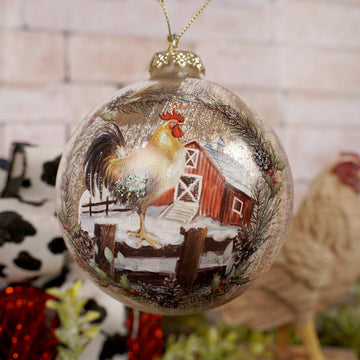 Rooster and Barn Glass Christmas Ornament