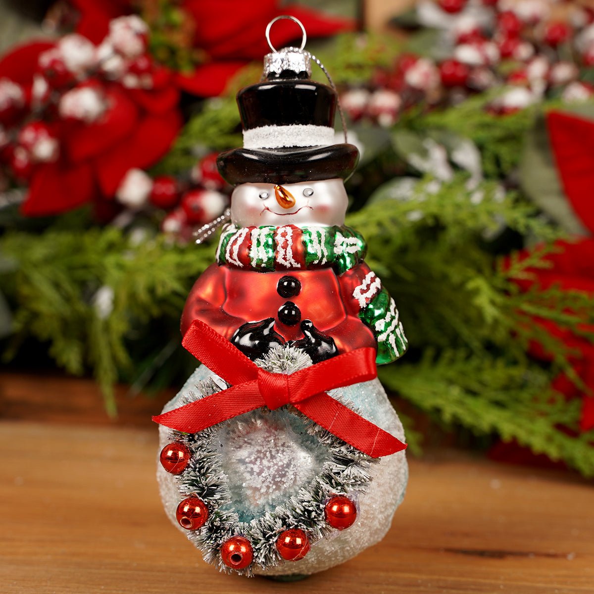 6Inch Glass Snowman With Wreath Ornament