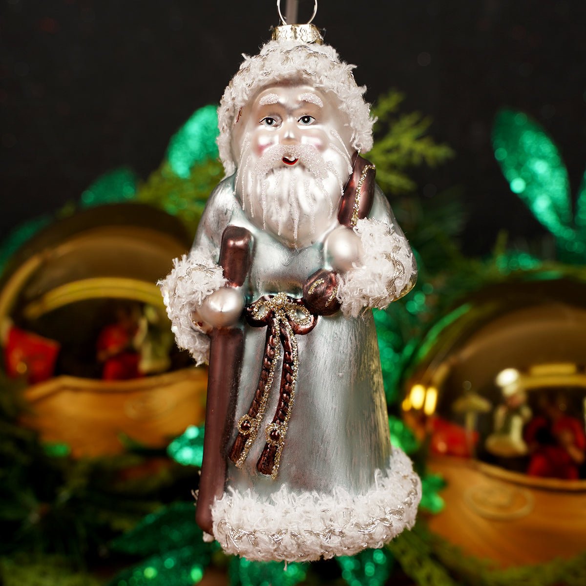 Glass Grey Coat Santa Ornament