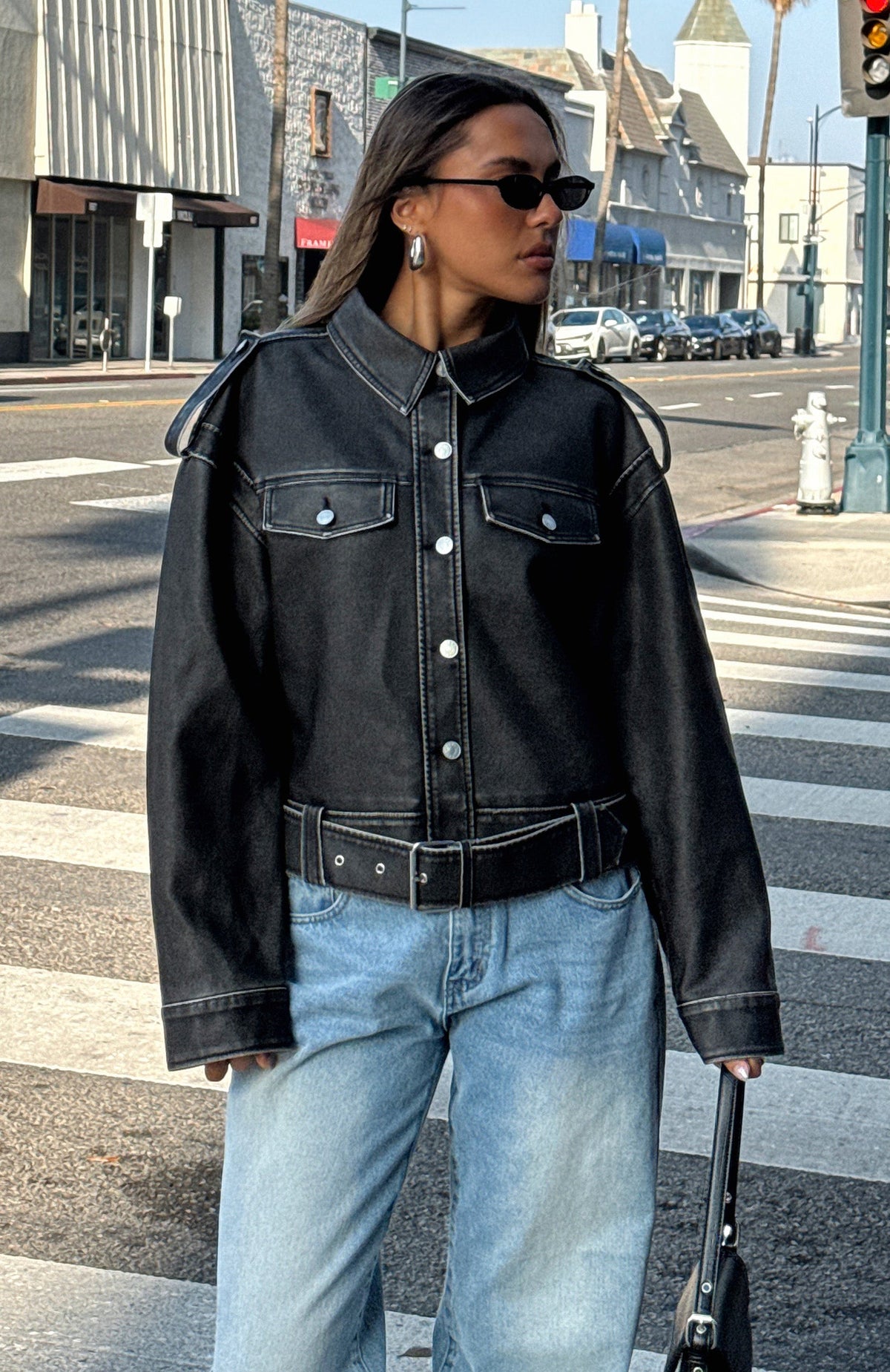 In This World PU Biker Jacket Charcoal Wash